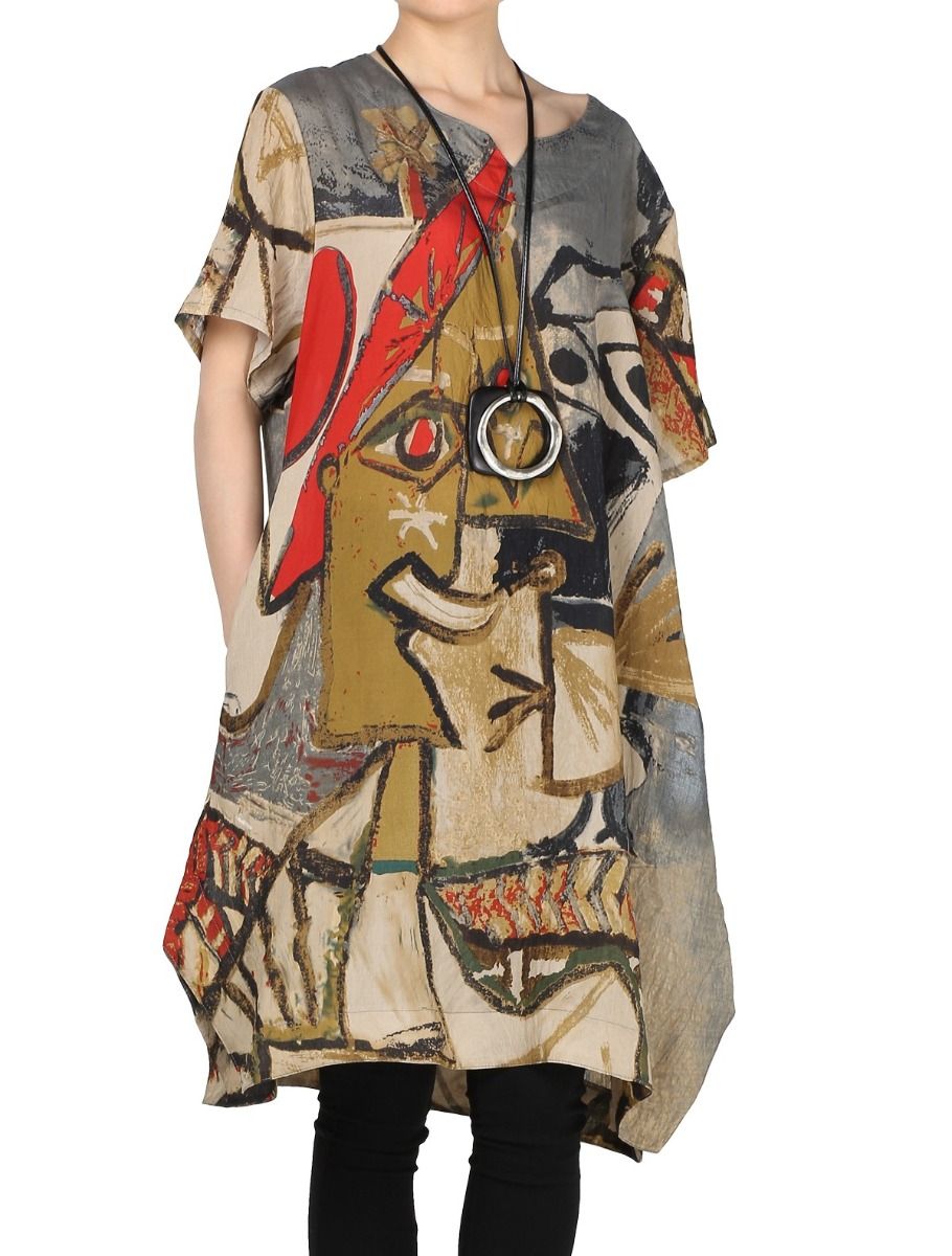 aardappel Locomotief bevroren Abstract Printing Baggy Dress with Pockets