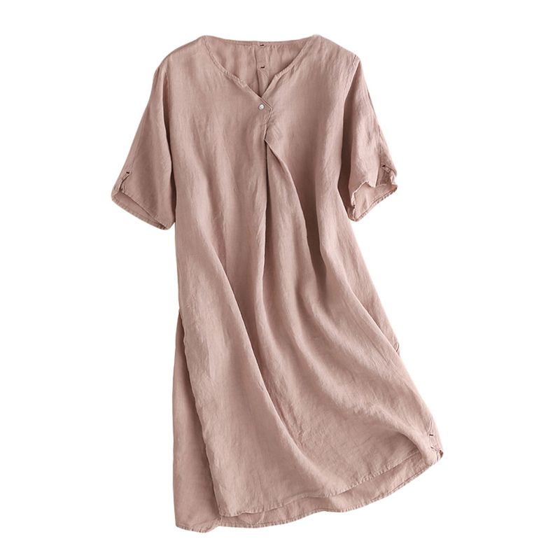 Color Block Cotton Linen T-Shirt Dress with Pockets
